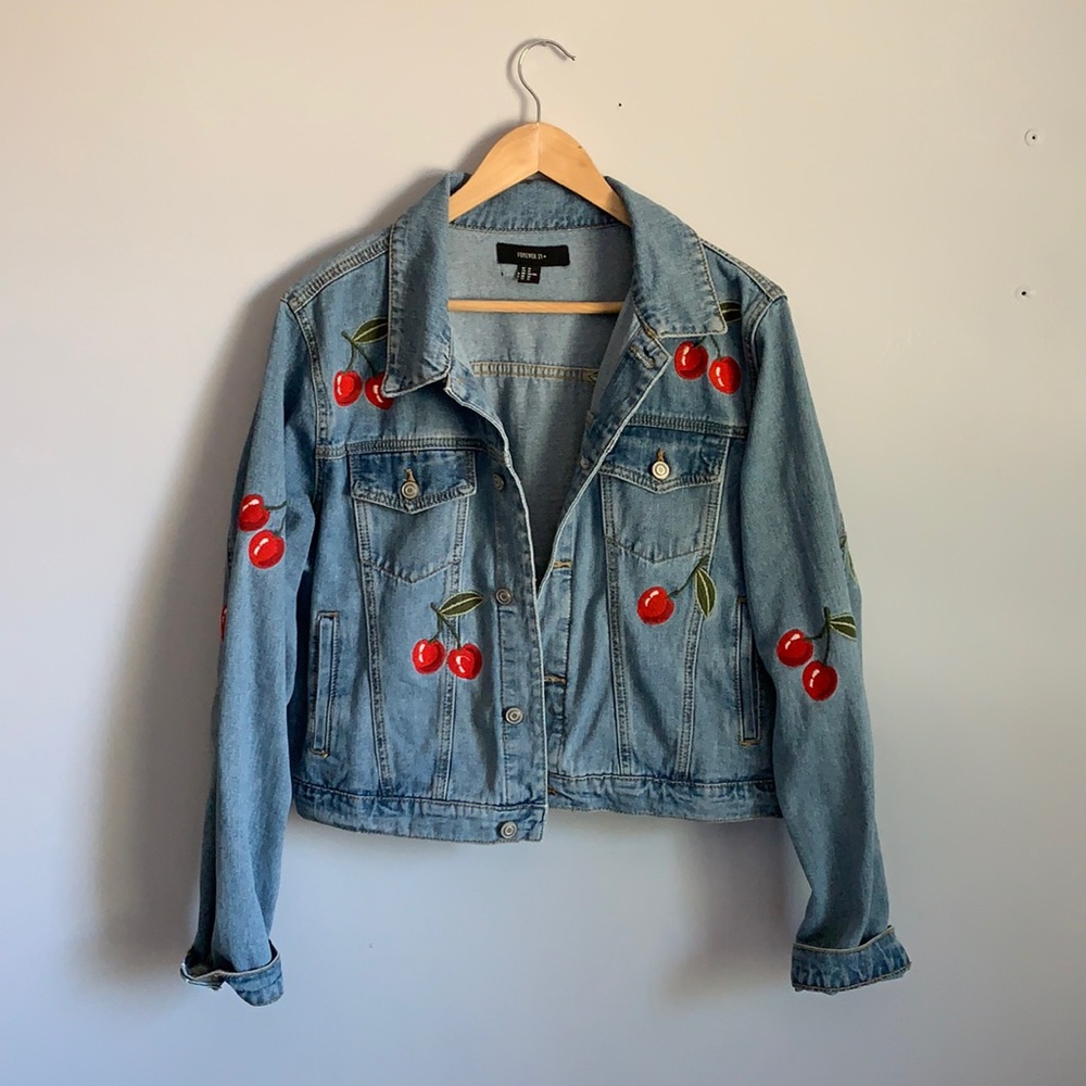 Forever 21 Denim Embroidered Cherry Jacket